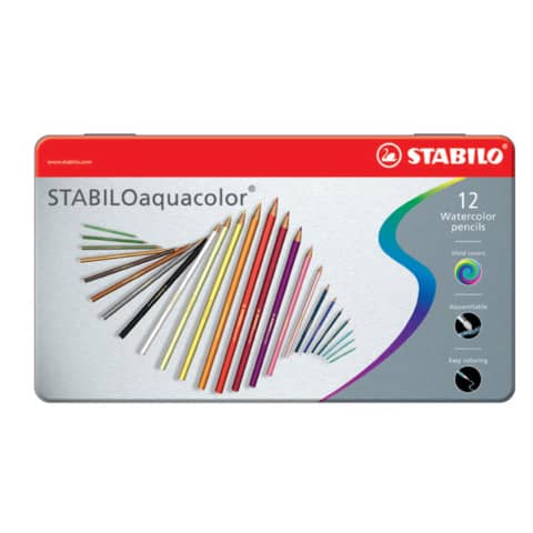 Matite colorate acquarellabili Stabilo aquacolor® scatola in metallo assortiti Conf. 12 pezzi - 1612-5